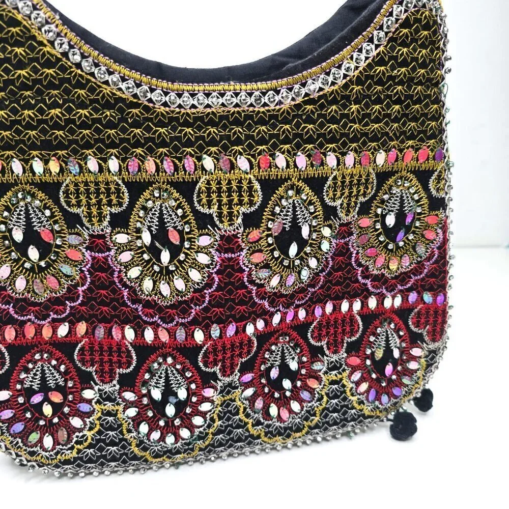 Vintage 90s Y2k Arcad Embellished Sequin Beaded Embroidered Black Shoulder Bag